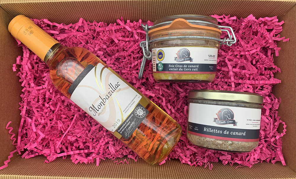 Coffret Cadeau violet, Hydromel pétillant, produits à base de foie gras et  Volaille sauce aux cèpes