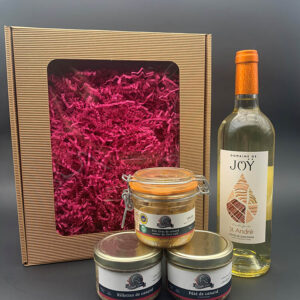 Coffret gourmand-Foie gras de canard cuit 180g-Pâté à l'ancienne-Rillettes de Canard-Bouteille 75cl-Famille Gomer-Saint Médard-Gers