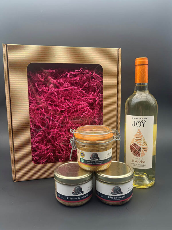 Coffret gourmand-Foie gras de canard cuit 180g-Pâté à l'ancienne-Rillettes de Canard-Bouteille 75cl-Famille Gomer-Saint Médard-Gers