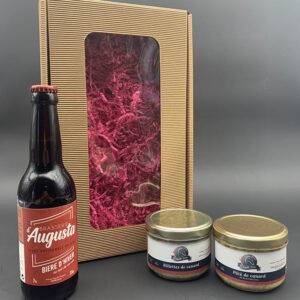 Coffret gourmand-Pâté de canard avec 30% de foie gras-Rillettes de Canard-Bouteille de bière artisanale 33cl-Famille Gomer-Saint Médard-Gers