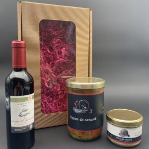 Coffret gourmand-Pâté de canard avec 30% de foie gras-Un plat cuisiné au choix-Bouteille vin rouge 50cl-Famille Gomer-Saint Médard-Gers