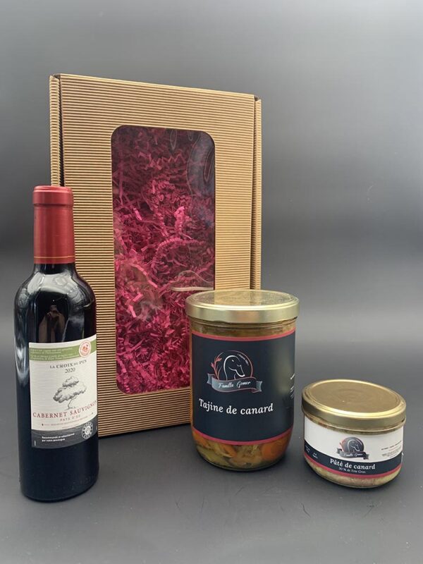 Coffret gourmand-Pâté de canard avec 30% de foie gras-Un plat cuisiné au choix-Bouteille vin rouge 50cl-Famille Gomer-Saint Médard-Gers