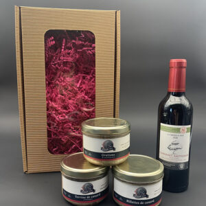 Coffret gourmand-Terrine de canard Armagnac-Rillettes de Canard-Grattons de canard-Bouteille 50cl-Famille Gomer-Saint Médard-Gers