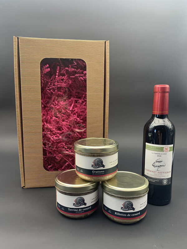 Coffret gourmand-Terrine de canard Armagnac-Rillettes de Canard-Grattons de canard-Bouteille 50cl-Famille Gomer-Saint Médard-Gers