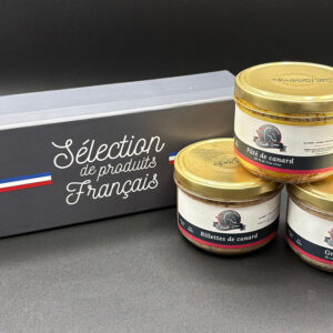 Coffret Trio Gourmand-Pâté de canard au foie gras 180g-Rillettes de canard 180g-Grattons de canard 180g-Famille Gomer-Producteur de foie gras-Gers