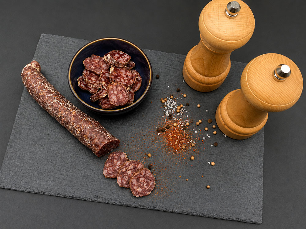 Saucisse sèche de canard au piment d'Espelette-sous vide-famille Gomer-Saint Médard-Gers